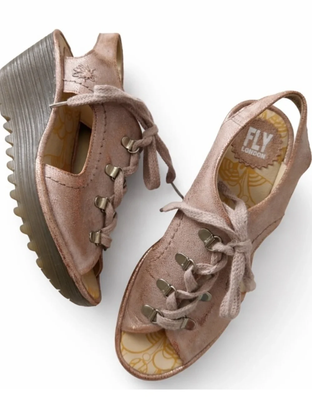 Fly London YIfa Luna rose gold wedge sandals shoes 38 7.5 8